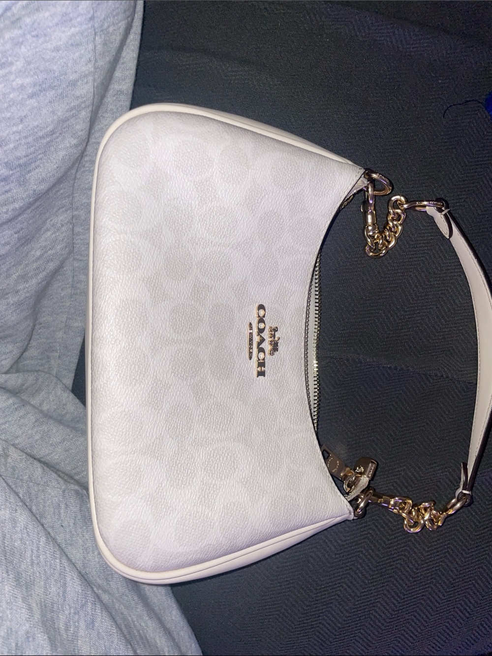 Coach Cream Signature Small Shoulder Bag with Gold Hardware